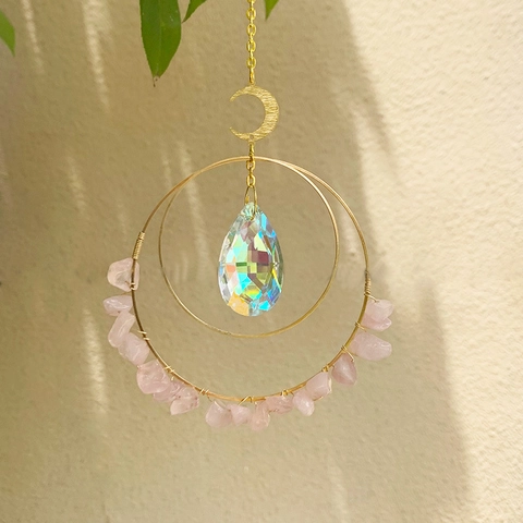 Acchiappasole a Luna Pendente in Cristallo Con Scaglie di Pietra Naturale Doppio Cerchio in Metallo Decorazione Boho Casa Giardino Donna