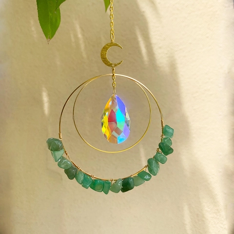 Acchiappasole a Luna Pendente in Cristallo Con Scaglie di Pietra Naturale Doppio Cerchio in Metallo Decorazione Boho Casa Giardino Donna