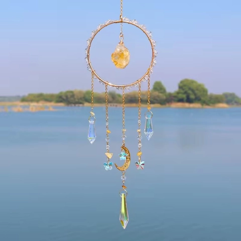 Crystal Suncatcher Ornament With Citrine Raw Stone Metal Moon Star Hanging Prism For Window Garden Home Decor