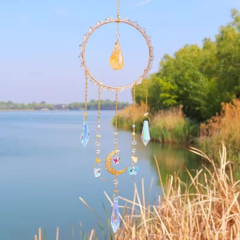 Crystal Suncatcher Wind Chime With Citrine Prism Rainbow Maker Moon Star Butterfly Hanging Home Garden Window Decor