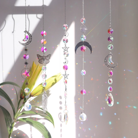 Kristallen Zonnevanger Hangend Ornament K9 Kristallen Prisma AB Kleur Legering Maan Ster Zon Hanger Voor Huis Tuin Raam Decoratie Cadeau