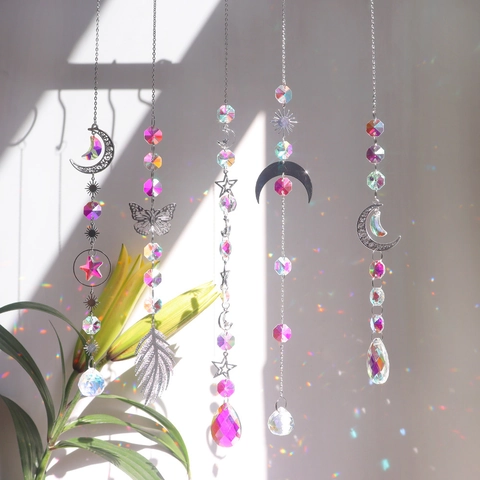 Kristallen Zonnevanger Hangend Ornament K9 Kristallen Prisma AB Kleur Legering Maan Ster Zon Hanger Voor Huis Tuin Raam Decoratie Cadeau