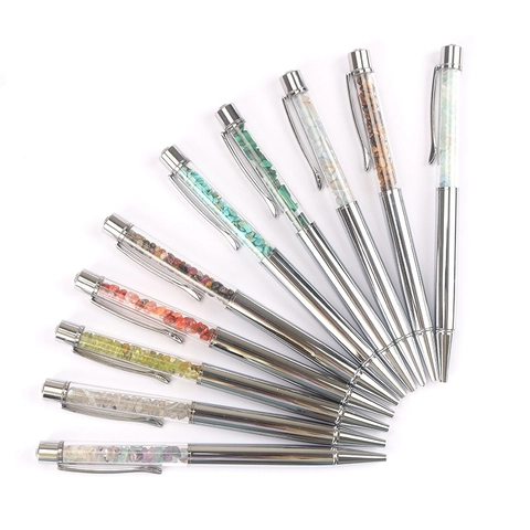 Creative Crystal Chip Ballpoint Pen Silver Metal Writing Pen With Natural Stone Decor For Office Student Stationery Gift