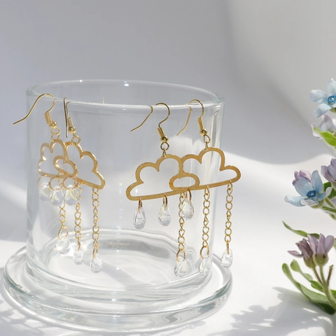Cloud Raindrop Dangle Earrings Alloy Gold Tone With Crystal Tassel And 925 Sterling Silver Earring Post For Women