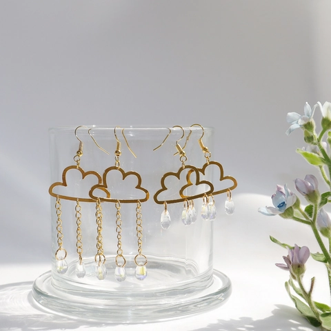 Cloud Raindrop Dangle Earrings Alloy Gold Tone With Crystal Tassel And 925 Sterling Silver Earring Post For Women