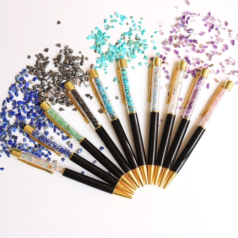 Luxury Metal Ballpoint Pen With Natural Crystal Stone Chips Decorative Writing Pen Office School Supplies Business Gift Pen