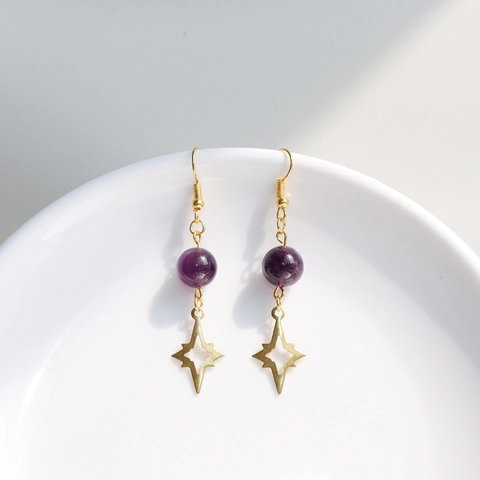 Amethyst Crystal Drop Earrings With Gold Star Charm And Silver Earring Post Elegant Simple Jewelry For Women