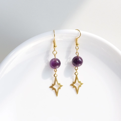 Amethyst Crystal Drop Earrings With Gold Star Charm And Silver Earring Post Elegant Simple Jewelry For Women