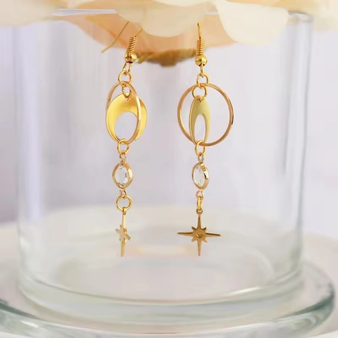 Boheemse Ster Maan Hangende Oorbellen Met Kristal En 925 Sterling Zilveren Oorknopje Lange Goudlegering Sieraden Voor Dames