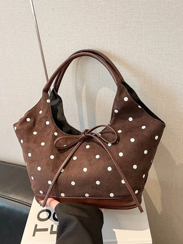 Sac à Bandoulière Vintage en Suède à Pois pour Femmes Style Coréen Nœud Décor Sac Cabas Grande Capacité Navettage