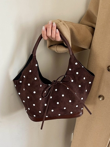 Sac à Bandoulière Vintage en Suède à Pois pour Femmes Style Coréen Nœud Décor Sac Cabas Grande Capacité Navettage