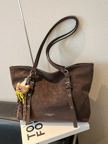 Borsa Tote Grande Vintage Pelle PU Smerigliata Retro Borsa A Spalla Per Donne Con Ciondolo A Orsetto