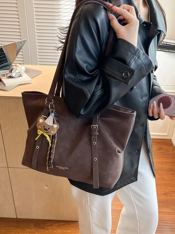 Borsa Tote Grande Vintage Pelle PU Smerigliata Retro Borsa A Spalla Per Donne Con Ciondolo A Orsetto