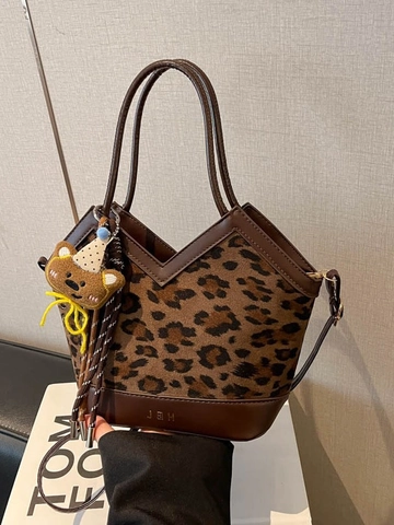 Dames Luipaardprint Gewatteerde Tote Tas Met Schattige Bärenhanger Grote Capaciteit PU Suède Handtas Schoudertas Voor Woon-werkverkeer