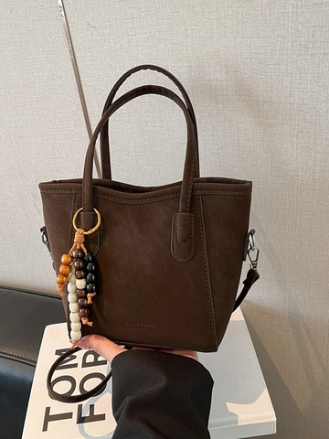 Vintage Suede Style Women Bucket Bag Minimalist PU Leather Handbag With Wooden Bead Pendant Shoulder Crossbody Tote Bag