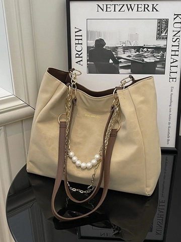 Borsa Tote Grande Capacità Pelle PU Vintage Stampa Leopardata Perla Artificial Catena Metallo Decor Borsa Spalla Donna Casual