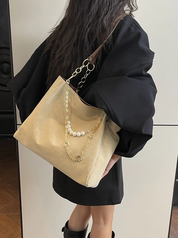 Borsa Tote Grande Capacità Pelle PU Vintage Stampa Leopardata Perla Artificial Catena Metallo Decor Borsa Spalla Donna Casual