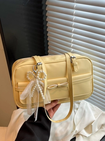 Bolso de Axila de Cuero PU para Mujer Estilo Coreano Dulce Bolso de Hombro Boston Con Lazo Perla Artificial Encaje Colgante Moda
