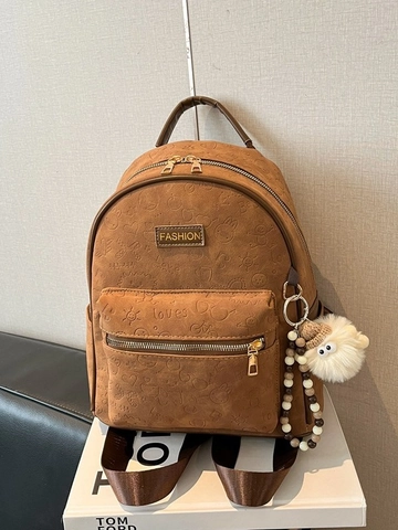 Damen Retro Cartoon Geprägter Rucksack PU Leder Leichte Reise Pendeln Schultasche Mit Plüsch Anhänger Braun Rucksack