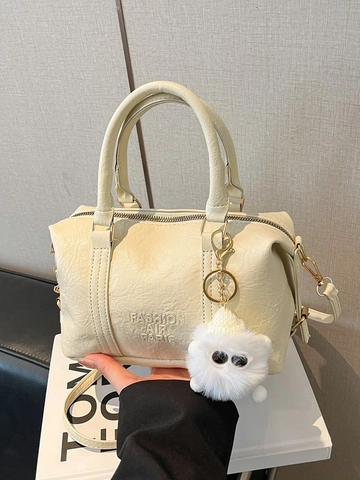 Women Boston Bag Lychee Texture PU Leather Handbag With Plush Monster Charm Detachable Strap Crossbody Shoulder Bag
