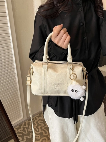 Women Boston Bag Lychee Texture PU Leather Handbag With Plush Monster Charm Detachable Strap Crossbody Shoulder Bag