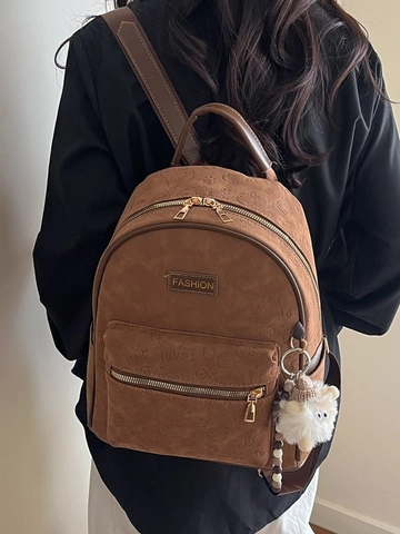 Damen Retro Cartoon Geprägter Rucksack PU Leder Leichte Reise Pendeln Schultasche Mit Plüsch Anhänger Braun Rucksack