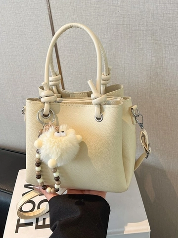 Borsa Tote da Donna in Pelle PU con Trama Litchi Borsa a Secchiello Minimalista con Manico a Nodo Ciondolo a Tracolla