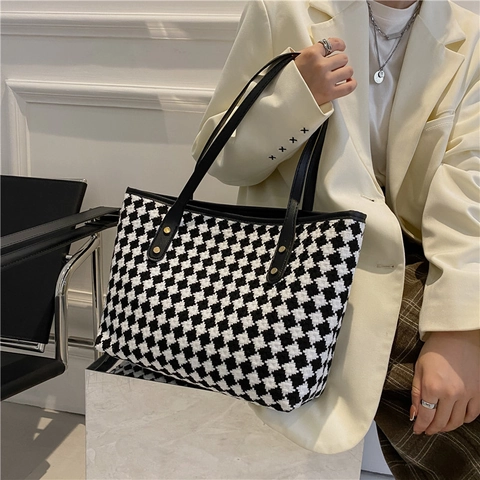 Damen Große Kapazität Hahnentritt Tweed Tote Bag Urban Schlicht Schachbrett Schultertasche Mit PU Lederriemen Und Nieten