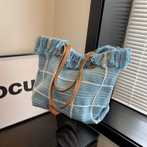 Damen Gewebte Schachbrett Tote Tasche Fransen Quaste Große Kapazität Schultertasche Mit PU Ledergriff Urlaub Bohemian Stil