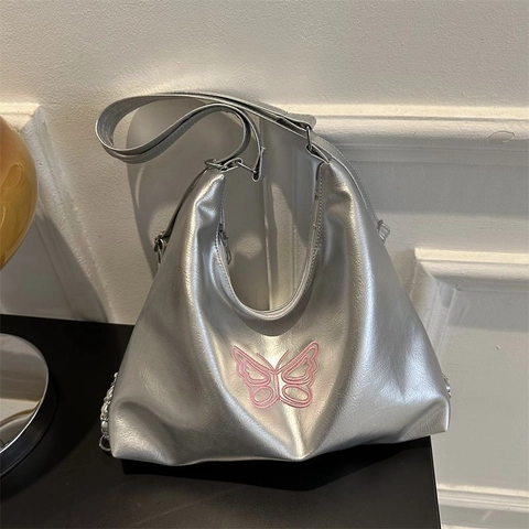 Bolso Hobo de Cuero PU para Mujer Bordado de Mariposa Rosa Gran Capacidad Plateado Metálico Bolso de Hombro Cadena