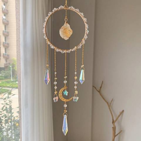 Crystal Suncatcher Ornament With Citrine Raw Stone Metal Moon Star Hanging Prism For Window Garden Home Decor