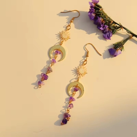 Pendientes De Sol Y Luna Amatista Aleación Dorada Con 925 Sterling Silver Earring Post Bohemio