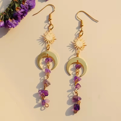 Pendientes De Sol Y Luna Amatista Aleación Dorada Con 925 Sterling Silver Earring Post Bohemio