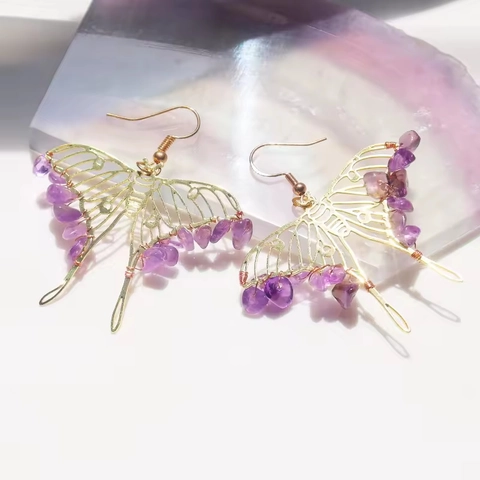 Amethyst Crystal Butterfly Dangle Earrings Handmade Golden Wire Hollow Bohemian Style Drop Jewelry For Women