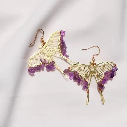Amethyst Crystal Butterfly Dangle Earrings Handmade Golden Wire Hollow Bohemian Style Drop Jewelry For Women
