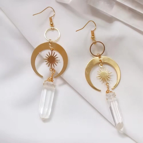 Orecchini Sole E Luna Boho Dorati Con Cristallo Prisma Esagonale E Perno In Argento Sterling 925
