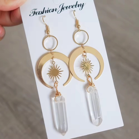 Orecchini Sole E Luna Boho Dorati Con Cristallo Prisma Esagonale E Perno In Argento Sterling 925