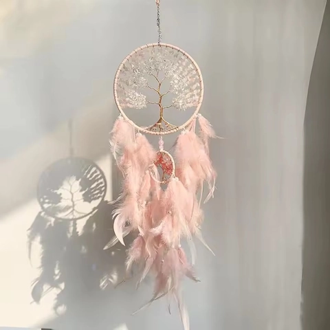 Lebensbaum Traumfänger Rosa Federn Kristall Schotter Metall Draht Wandbehang Deko Boho Handgefertigt Schlafzimmer