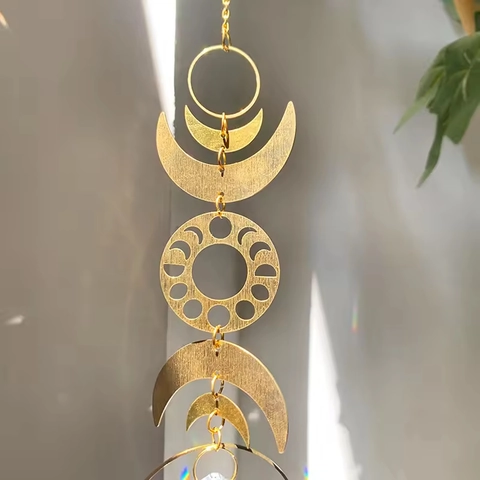 Mondphasen Kristall Sonnenfänger Hängeornament Mit K9 Kristallkugel Gold Metall Regenbogenmacher Für Fenster Haus Garten Deko Böhmisches Geschenk