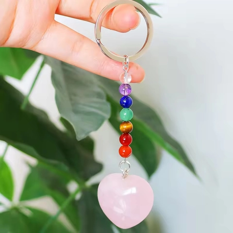 Portachiavi Cuore In Quarzo Rosa Con 7 Perle Chakra Ciondolo In Pietra Naturale Cristallo Di Guarigione Arcobaleno