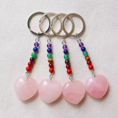 Portachiavi Cuore In Quarzo Rosa Con 7 Perle Chakra Ciondolo In Pietra Naturale Cristallo Di Guarigione Arcobaleno
