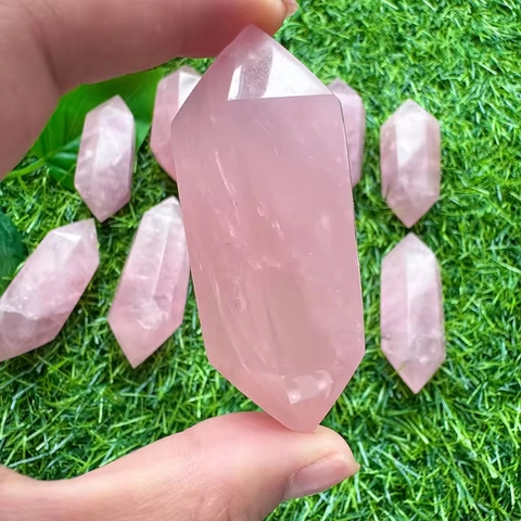 Natural Rose Quartz Double Terminated Hexagonal Crystal Point Pink Stone Healing Column For Home Decor Meditation Ornament
