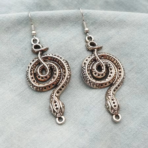 Vintage Gothic Snake Earrings Antique Silver Metal Spiral Cobra Ear Hooks Runic Symbols Viking Jewelry For Men And Women