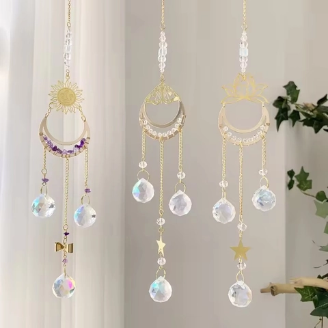 Crystal Suncatcher Hanging Ornament Lotus Moon Sun Moth Design Gold Metal Prism Ball For Window Decor Bohemian Style