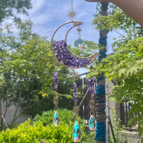 Amethyst Crystal Suncatcher Moon Sun Hanging Decoration Metal Wire Wrapped Rainbow Maker Wind Chime Window Decor Boho