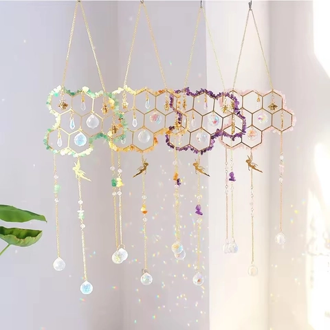 Honeycomb Crystal Suncatcher Prism Rainbow Maker Bee Fairy Pendant Alloy Natural Stone Window Hanging Decor For Home Garden Gift