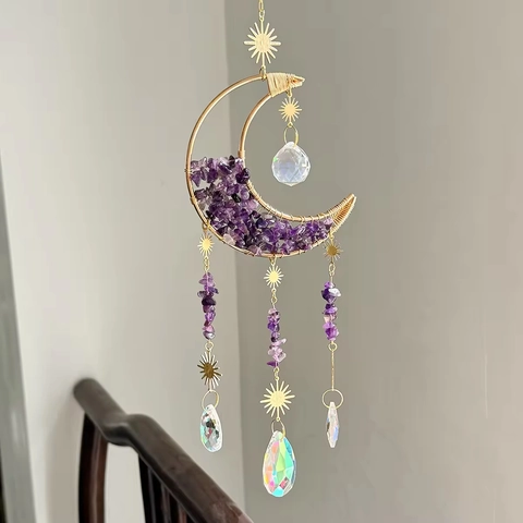 Amethyst Crystal Suncatcher Moon Sun Hanging Decoration Metal Wire Wrapped Rainbow Maker Wind Chime Window Decor Boho
