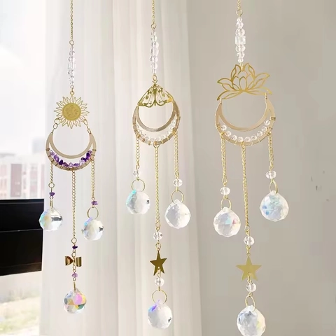 Crystal Suncatcher Hanging Ornament Lotus Moon Sun Moth Design Gold Metal Prism Ball For Window Decor Bohemian Style