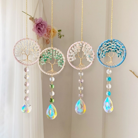 Tree Of Life Crystal Suncatcher Hanging Ornament With Natural Stone Chips And Aurora Prisms For Home Window Decor