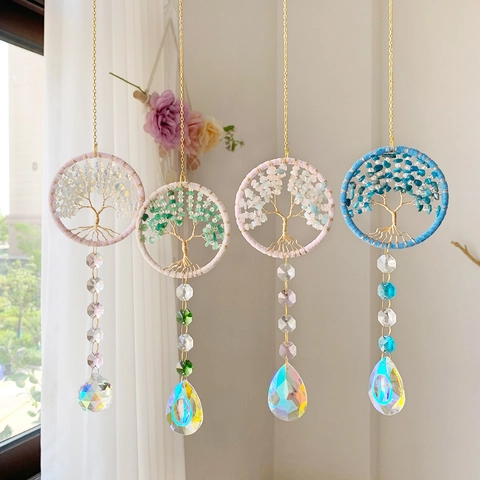 Tree Of Life Crystal Suncatcher Hanging Ornament With Natural Stone Chips And Aurora Prisms For Home Window Decor